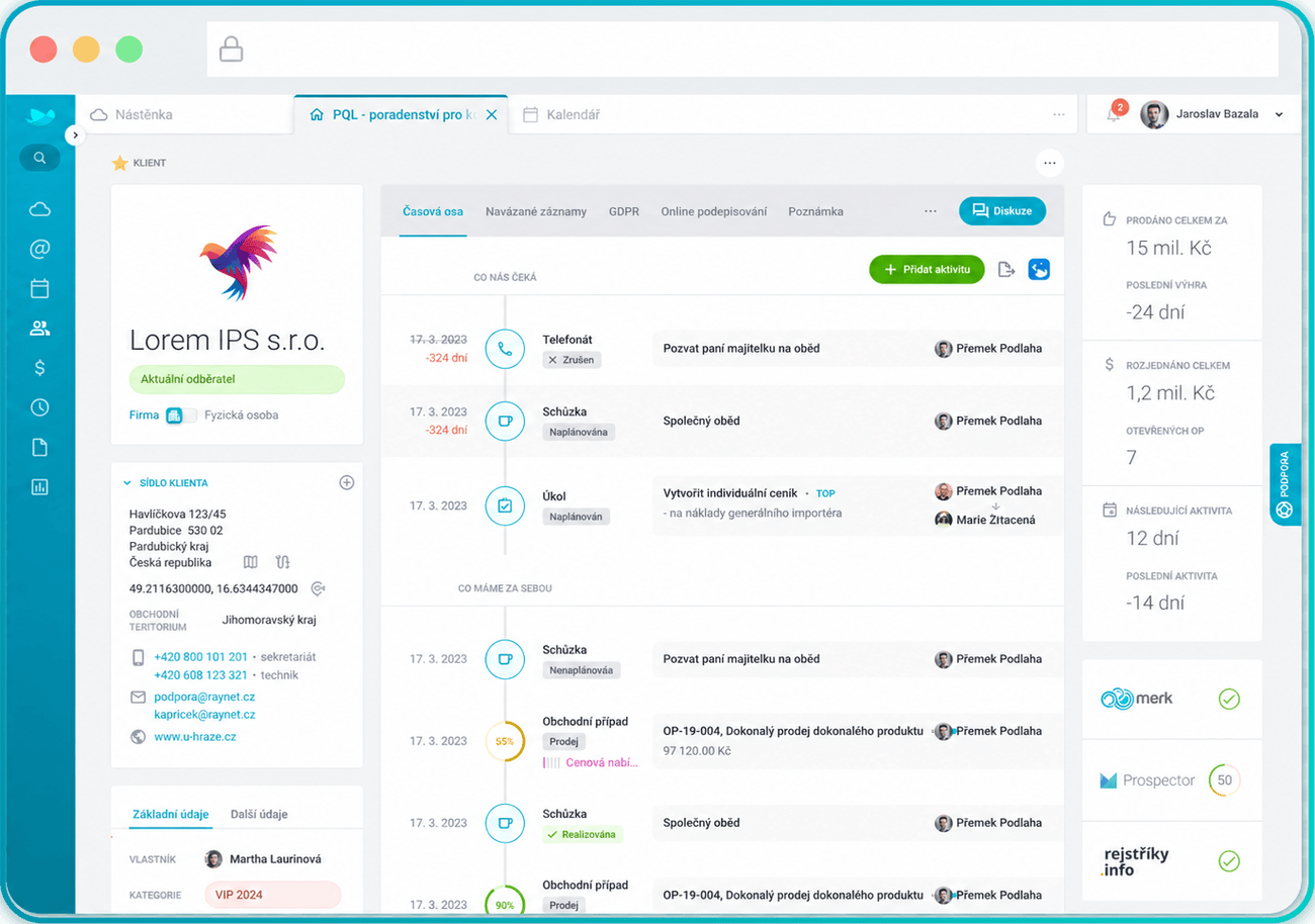 Ukázka rozhraní RAYNET CRM — karta klienta